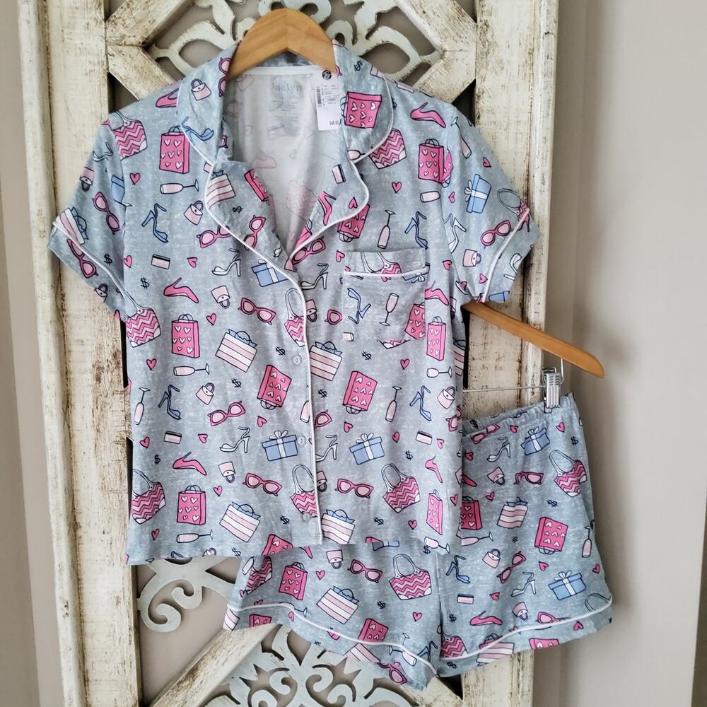 Jaclyn NY Pajama Set Large Gray Pink Graphic Button Front Lounge Sleepwear
